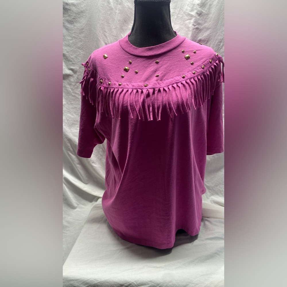 VTG Hot Pink Bedazzled Fringe Boxy shirt sz L - Picture 2 of 5